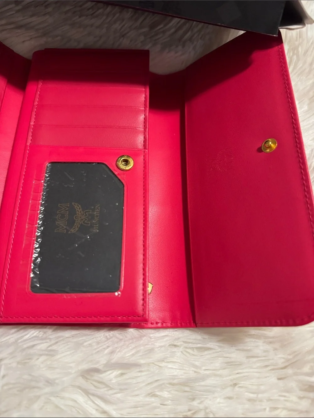 MCM Beige Monogram Long Trifold Wallet with Pink Trim and Gold Accents NWT